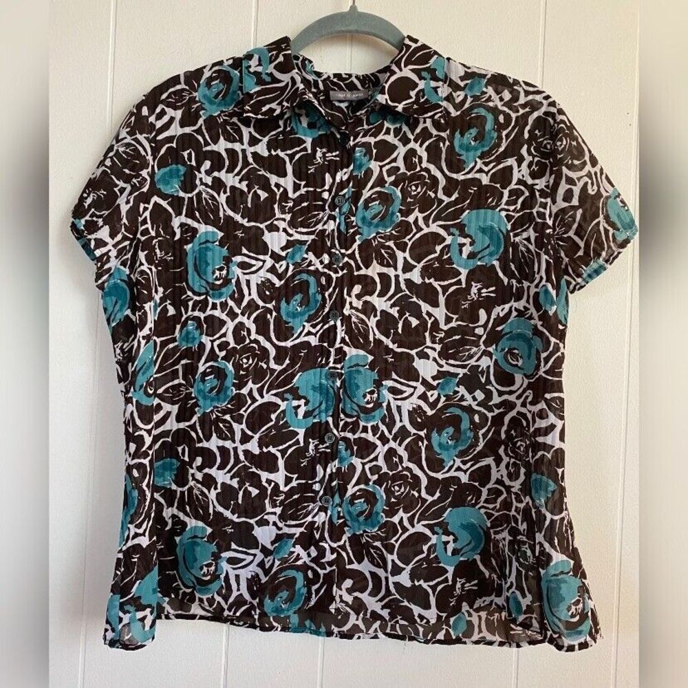 Apt. 9 Blouse Women’s Small Petite Brown Turquoise Pleated Semi Sheer Summer